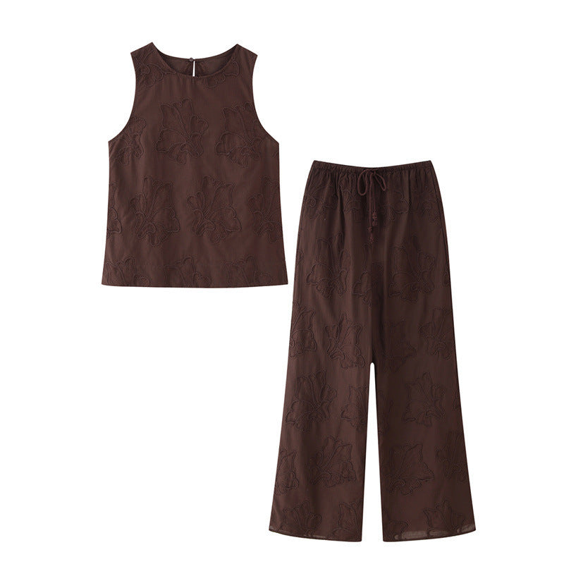 Embroidered Pajamas Style Top Pants Suit
