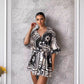 Women's Printed Lace Up Waist-tight Cardigan 5-point Sleeve One-piece Shorts