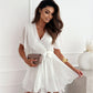 European And American V-neck Cross Straps Mini Skirt Ruffled Hem Chiffon Dress