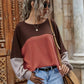 Contrasting Color Stitching Waffle Round Neck Long-sleeved Blouse Women