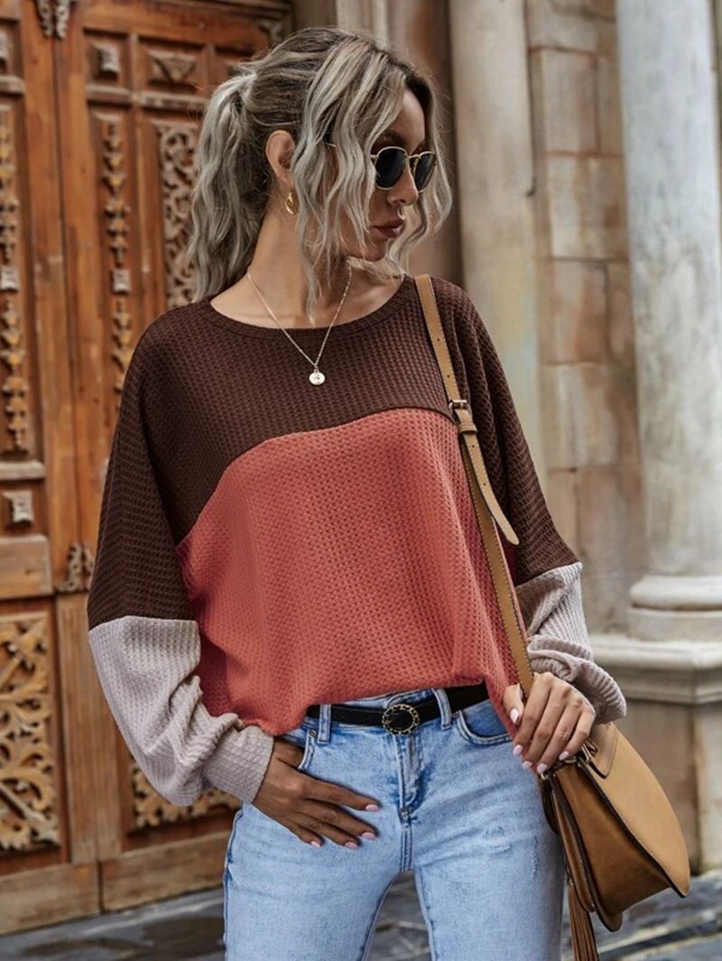 Contrasting Color Stitching Waffle Round Neck Long-sleeved Blouse Women