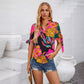 Fashion Printed Casual 2V Collar Cuff Bundle Top
