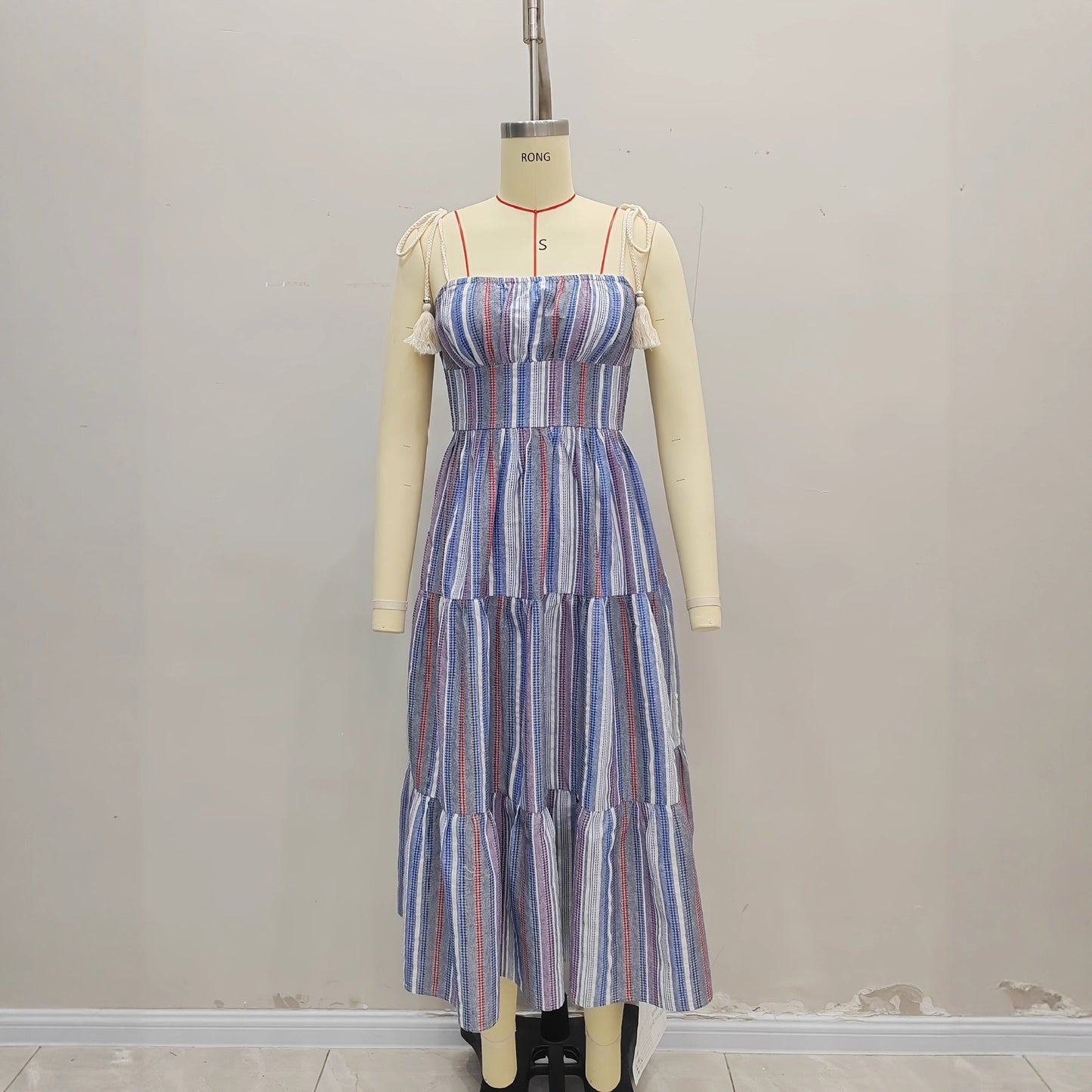 Blue And White Striped Strapless Back Waist Gathered Waist Dress