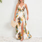 Robe longue à imprimé floral et col en V, mode estivale, taille nouée, fente, sans manches, vêtements pour femmes