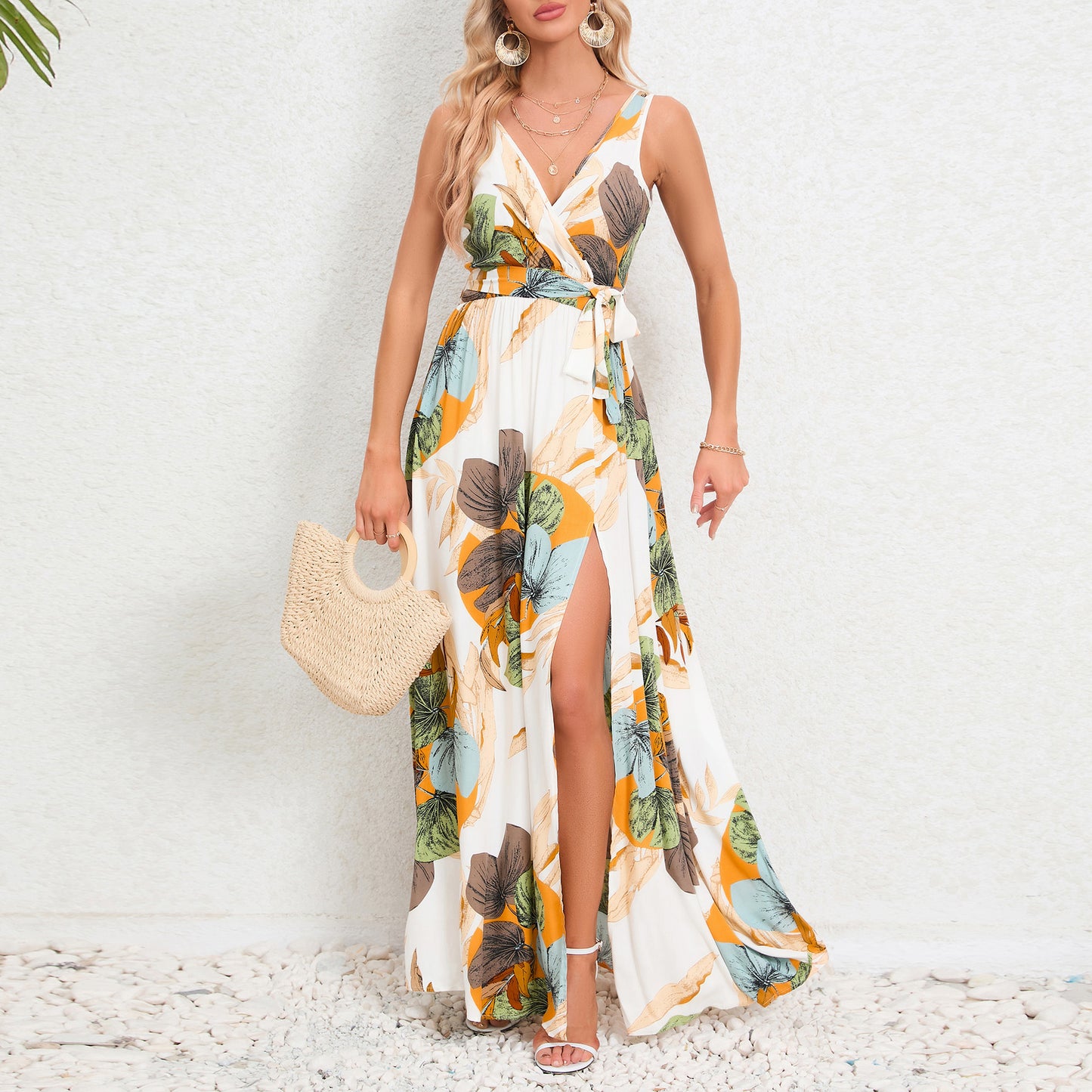 Robe longue à imprimé floral et col en V, mode estivale, taille nouée, fente, sans manches, vêtements pour femmes