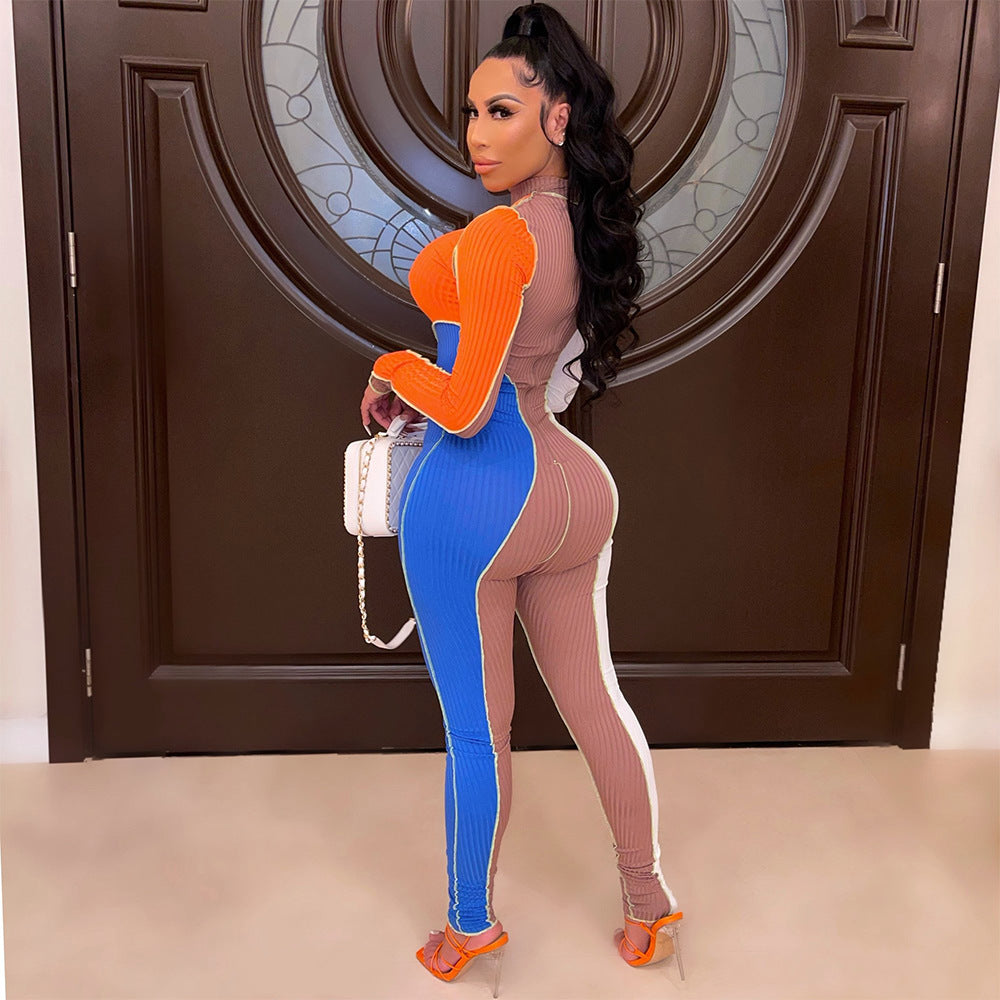 Threaded Color Block Long Sleeve Slim Jumpsuit