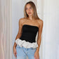 Contrast Color Bandeau Slim-fit Patchwork Ruffled Women Clothing Top