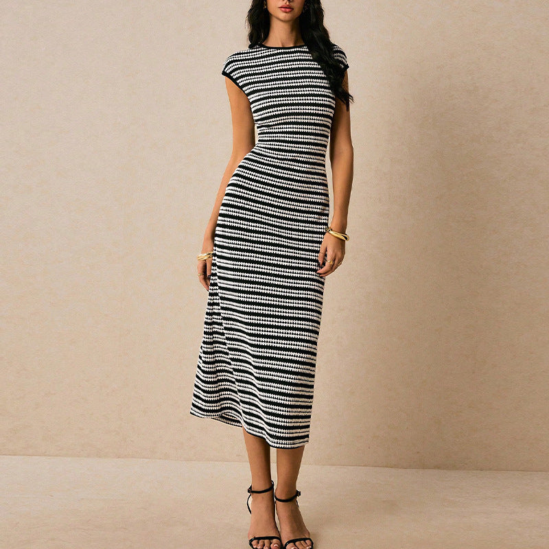 Striped Knitted Dress Slim Fit Slimming Elegance Sleeveless