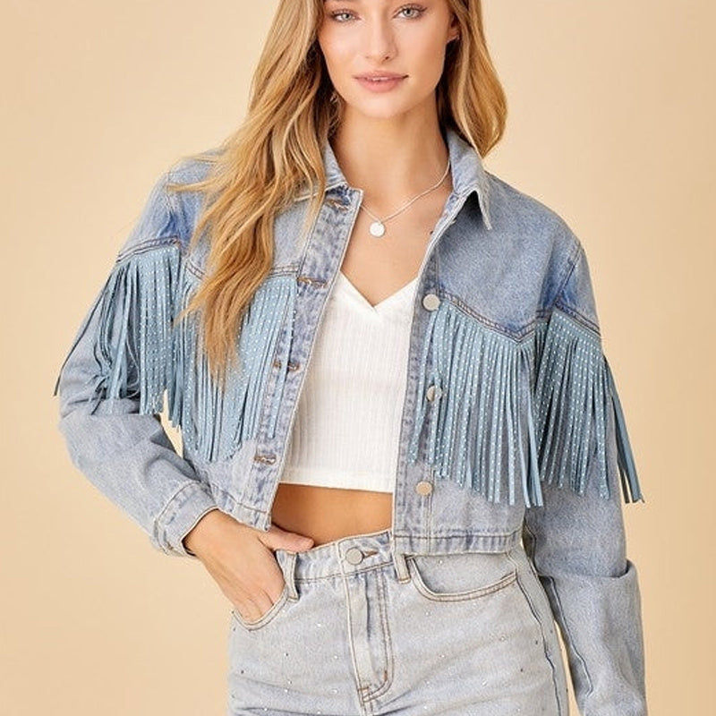 Tassel Denim Coat Short Polo Collar Jacket European And American Style
