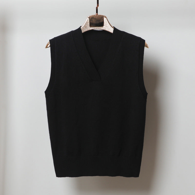 V-neck Sleeveless Sweater Vest Women's Black Top Outerwear Thin Knitwear