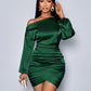 Womens Solid-Color One-Shoulder Long-Sleeve Satin Dress