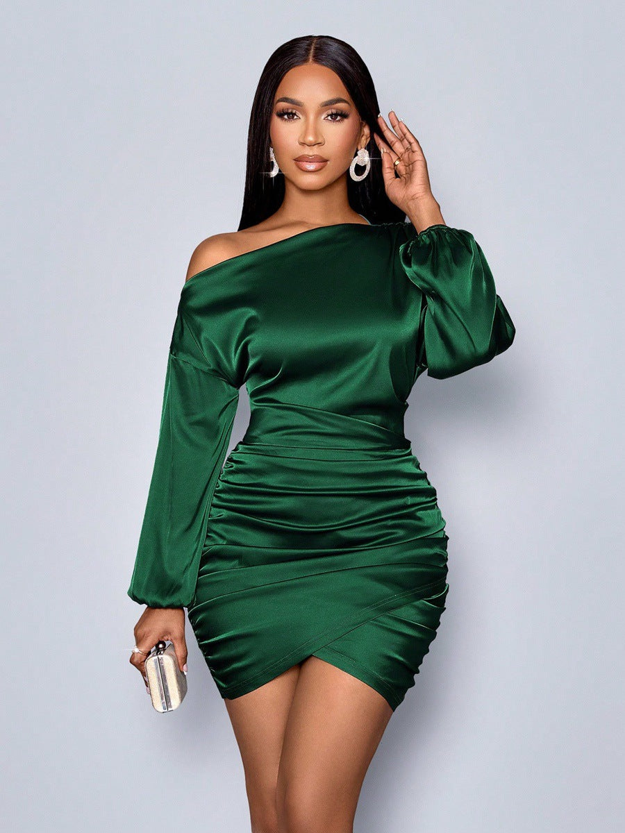 Womens Solid-Color One-Shoulder Long-Sleeve Satin Dress