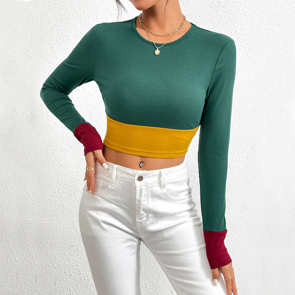 Slim Fit O-neck Short Stitching Long Sleeve T-shirt