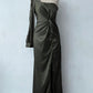 Diagonal Collar Raglan Sleeve Pleated Waist Tight Split Long Dress