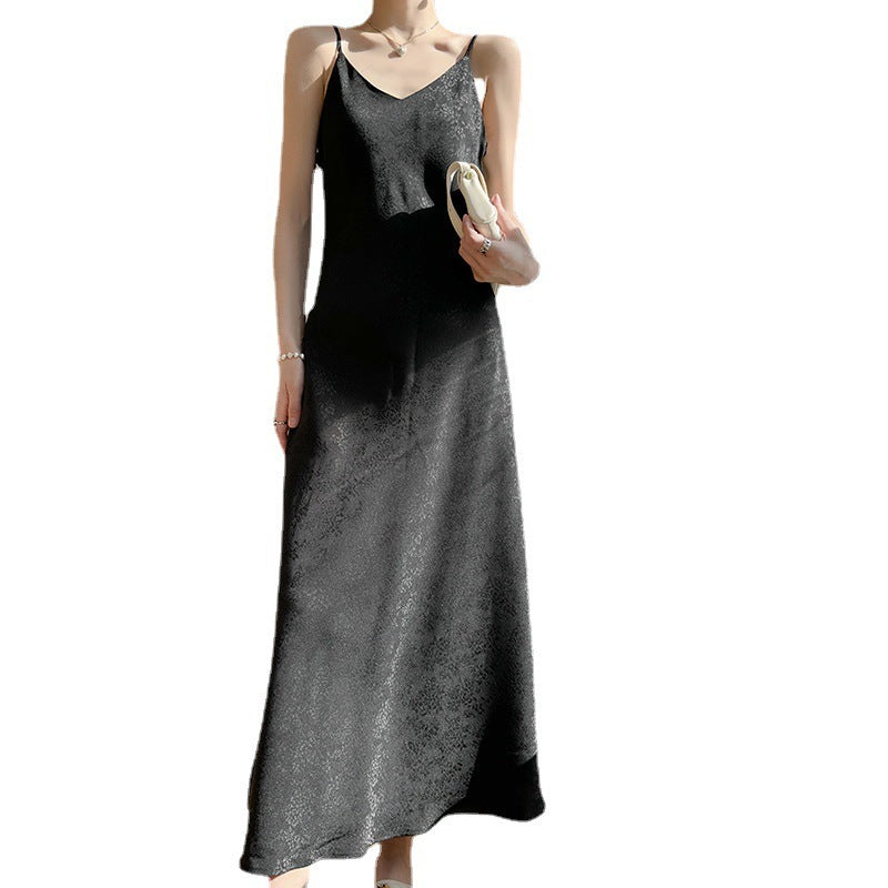 Robe à bretelles en satin acétate, col en V, pour femme