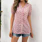 V-neck Short-sleeved Shirt With Small Floral Ears And Puff Sleeves
