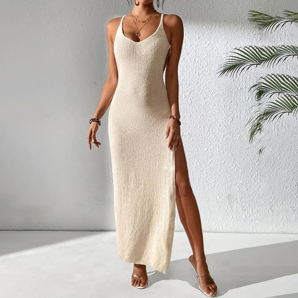 Cutout Slim Fit Slit Spaghetti Straps Knitted Beach Dress