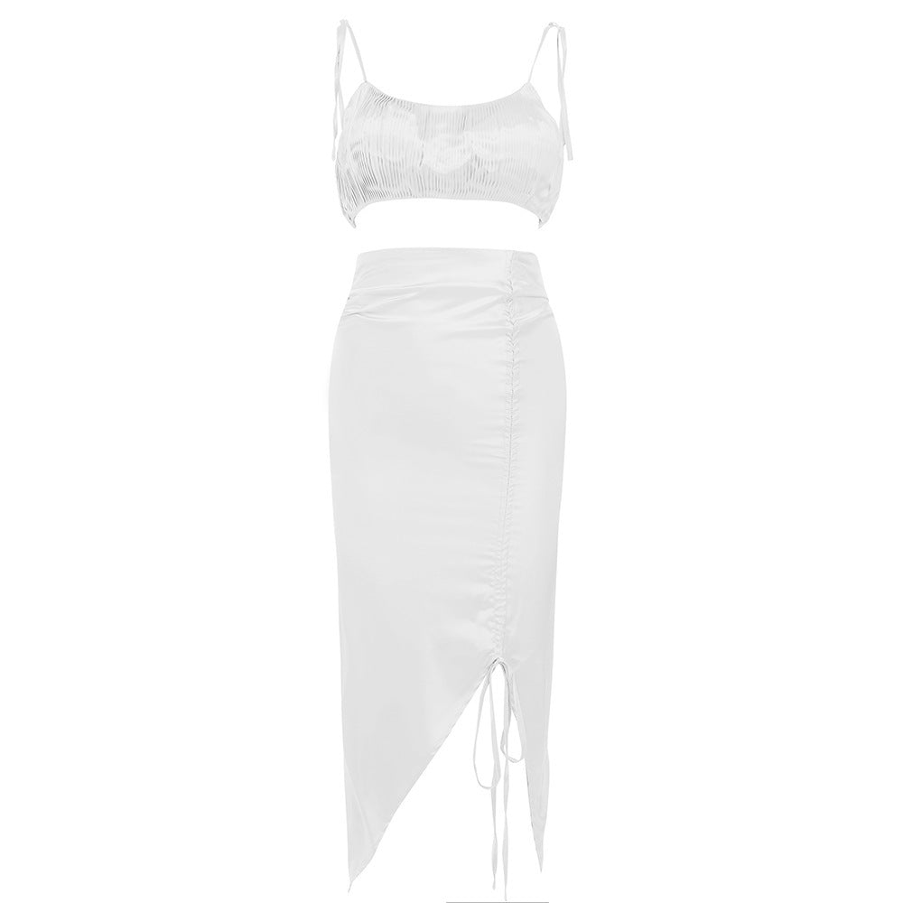 Drawstring Side Slit Skirt Sling Tube Top Two-piece Female