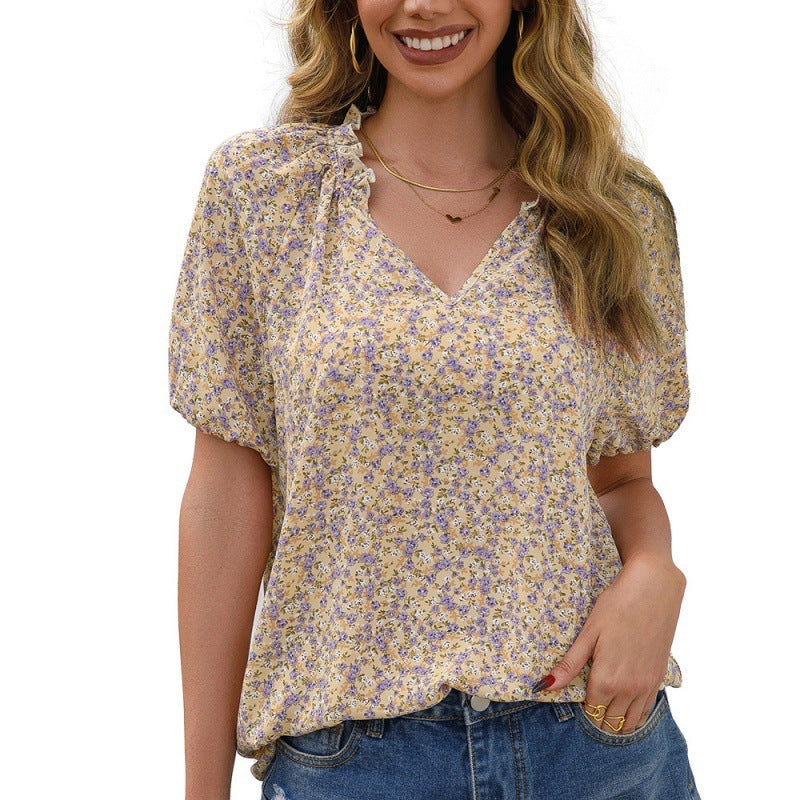 Loose Casual Small Floral V-neck Short-sleeved Shirt