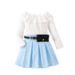 V-neck Ribbed Long-sleeve Pleated Skirt With Belt Three-piece Set