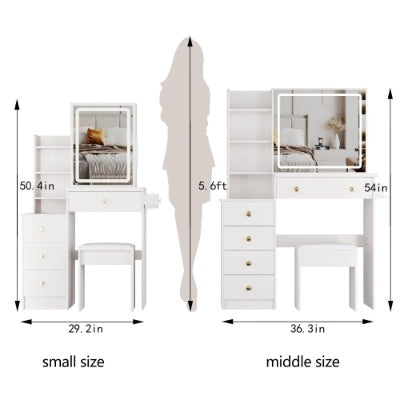 29.2 Small Size Left Bedside Cabinet Vanity Table   Cushioned Stool, 2 AC  2 USB Power Station, Hair Dryer Bracket  Extra Large Touch Control Sliding LED Mirror, Tri Color Switching, Brightness Adjust