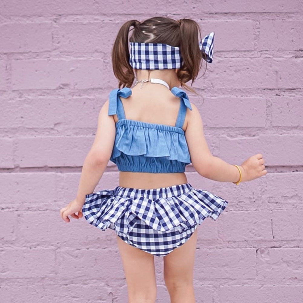 European And American Summer New Suspenders Denim Clothes To Lattice Butt Pants Headscarf