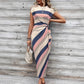 Striped Printed Crew Neck Short Sleeve Long Dress With Bow Detail