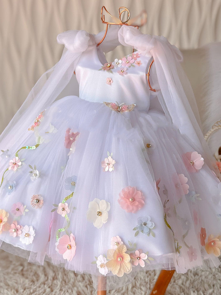 Girls' New Flower Mesh Princess Dress