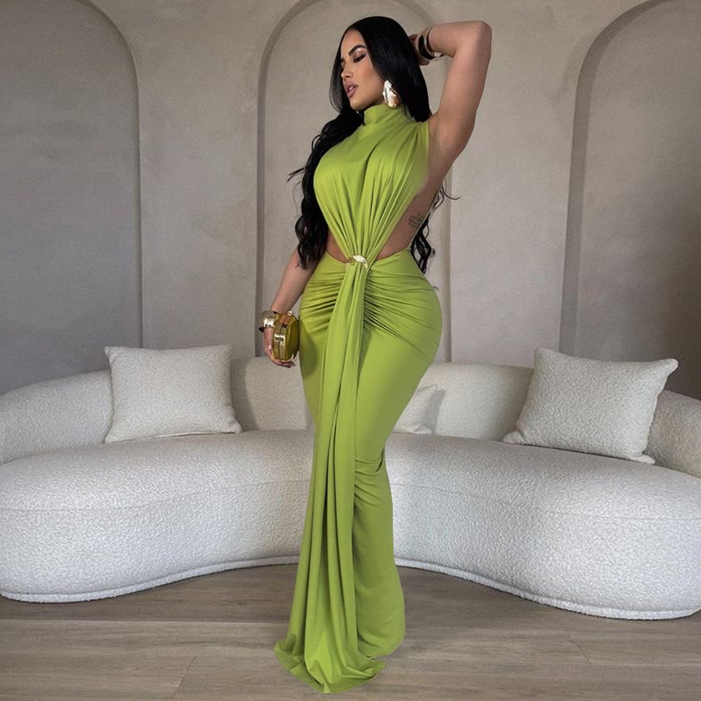 Robe-jupe sexy sans manches fendue sur le côté, couleur unie, tendance