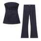 Denim Bustier Top With Belt And High-waisted Wide-leg Jeans