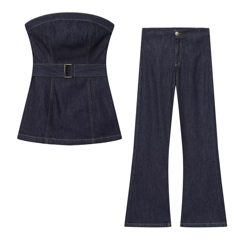 Denim Bustier Top With Belt And High-waisted Wide-leg Jeans