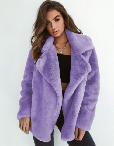 Plush Lapel Woolen Coat Women