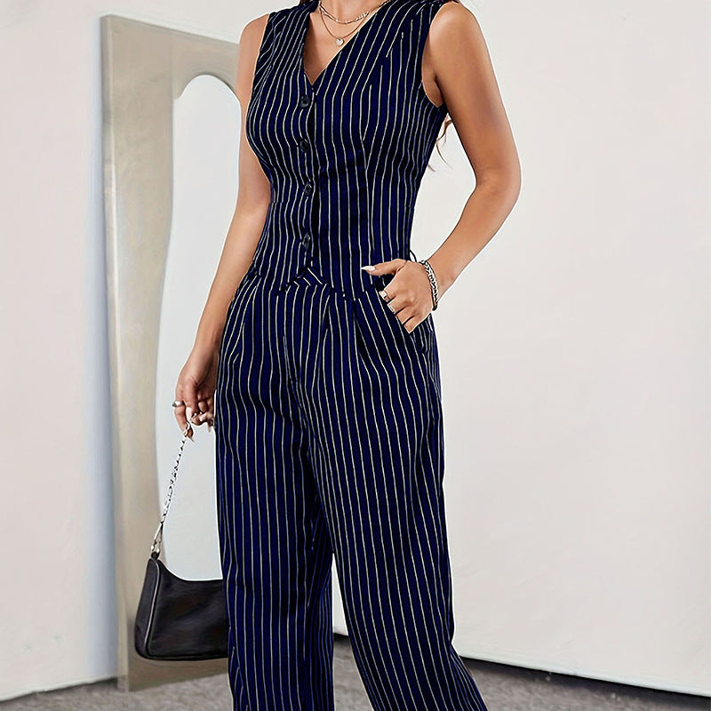 Casual Striped Button Vest Loose-fitting Wide-leg Trousers Suit