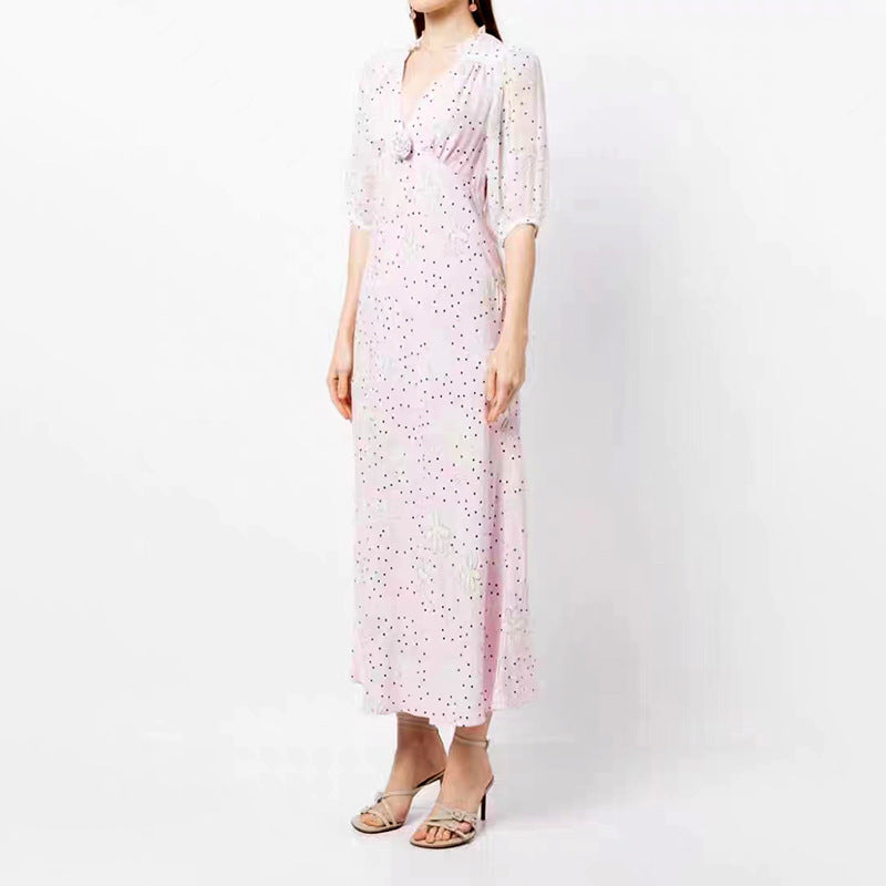 Elegant Spliced Printed Three-dimensional Flowers High Waist Long Dress