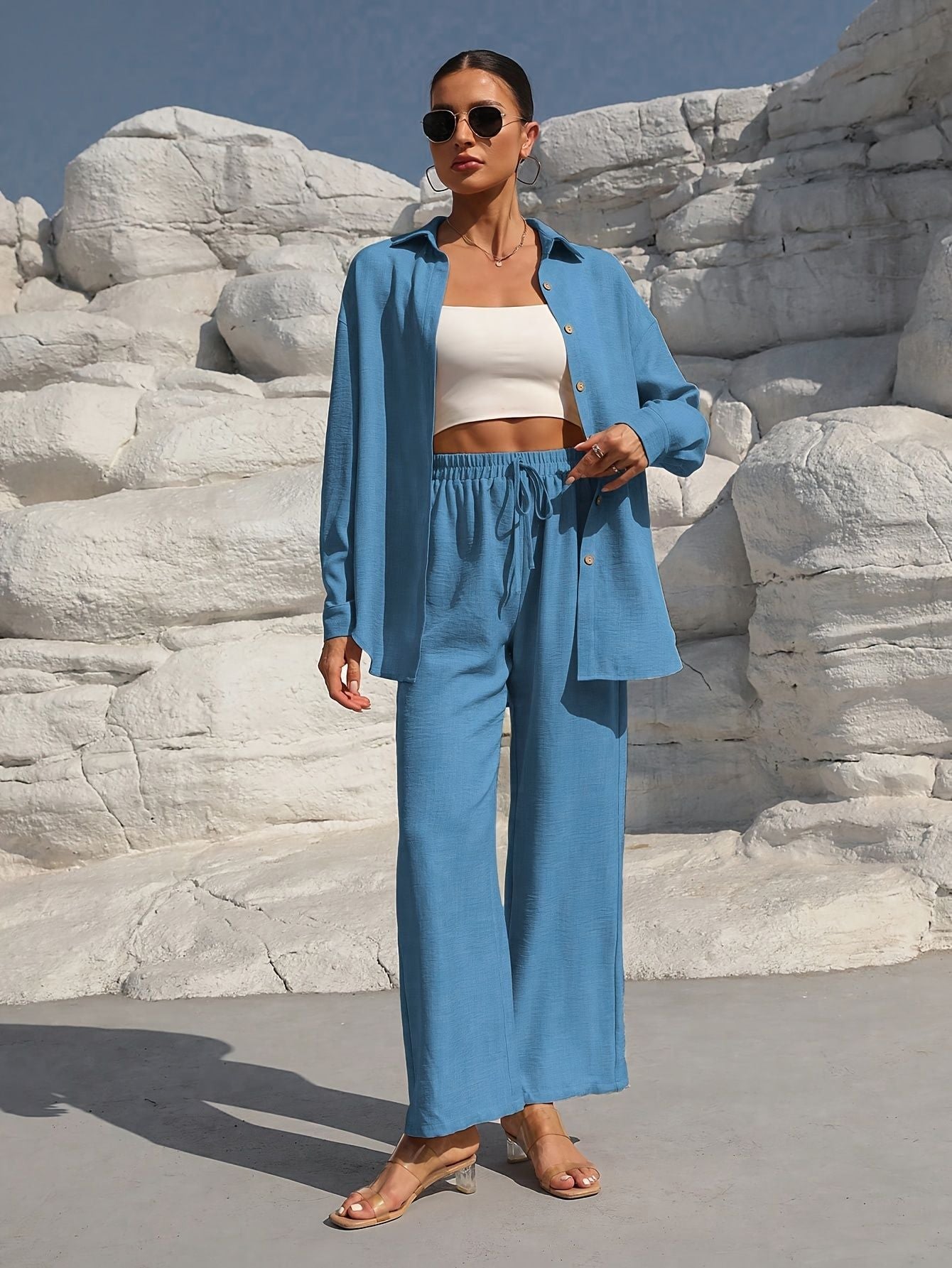 Fashion Graceful Plus Size Women's Long Sleeve Cardigan Two-piece Set Casual Solid Color Suit
