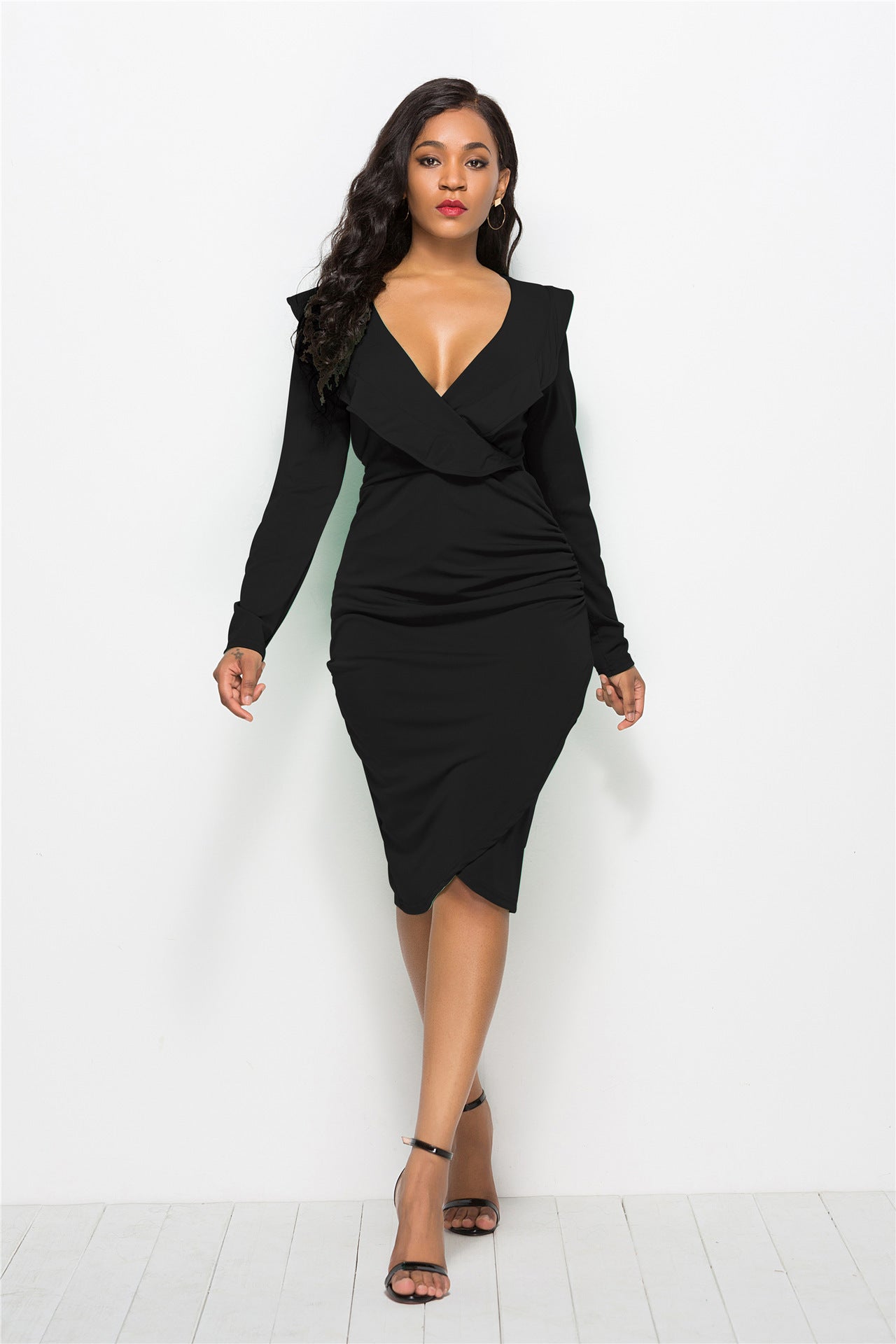 V-neck Ruffled Long-sleeve Hip Dress Women Girl Fashion