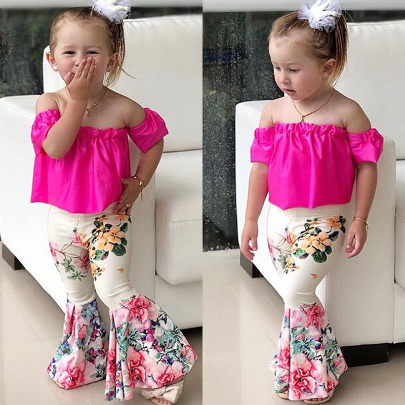Ensemble 2 pièces chemisier asymétrique à manches volantées et pantalon fleuri pour fille
