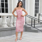 Slim-fit Pleated Elegant Mesh Floral Print Suspender Dress
