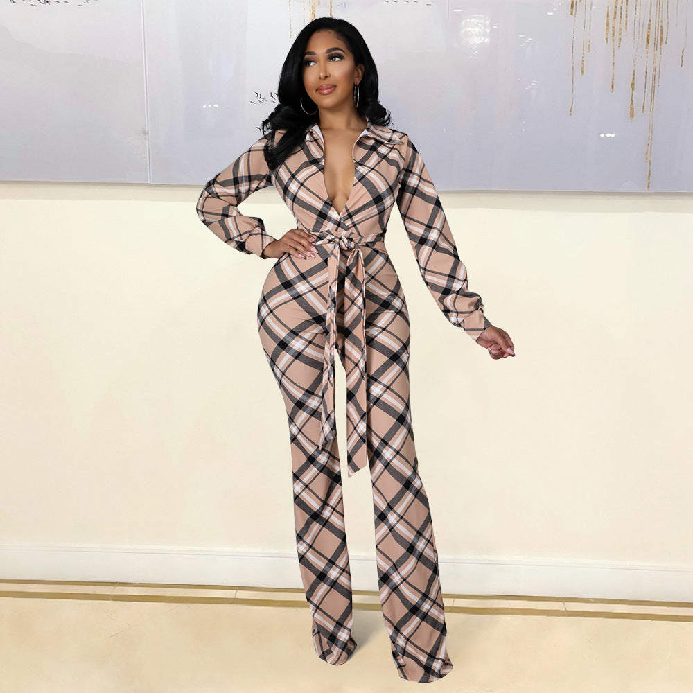 Tight-Fitting Lace-Up Plaid One-Piece Flared Pants