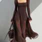 Womens Solid-Color Long-Sleeve U-Neck Dress