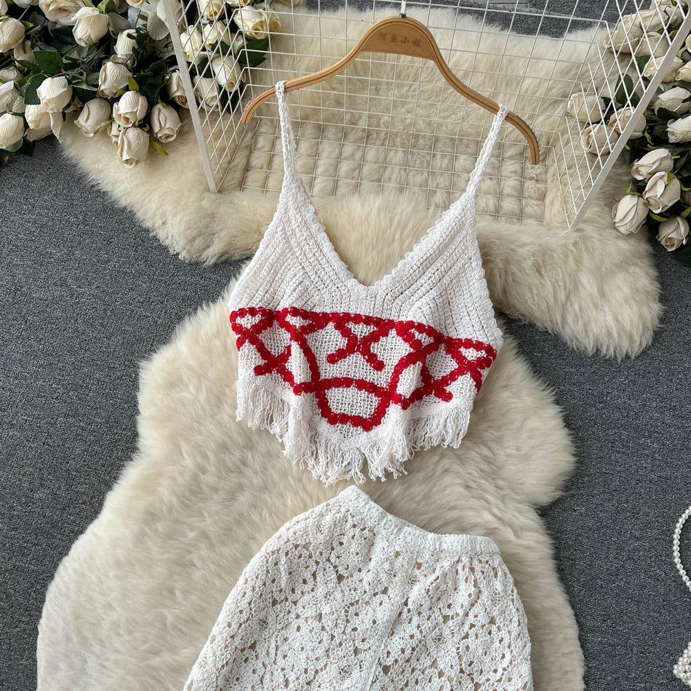 Travel Holiday Style Women's V-neck Tassel Suspender Tube Top Two-piece Set