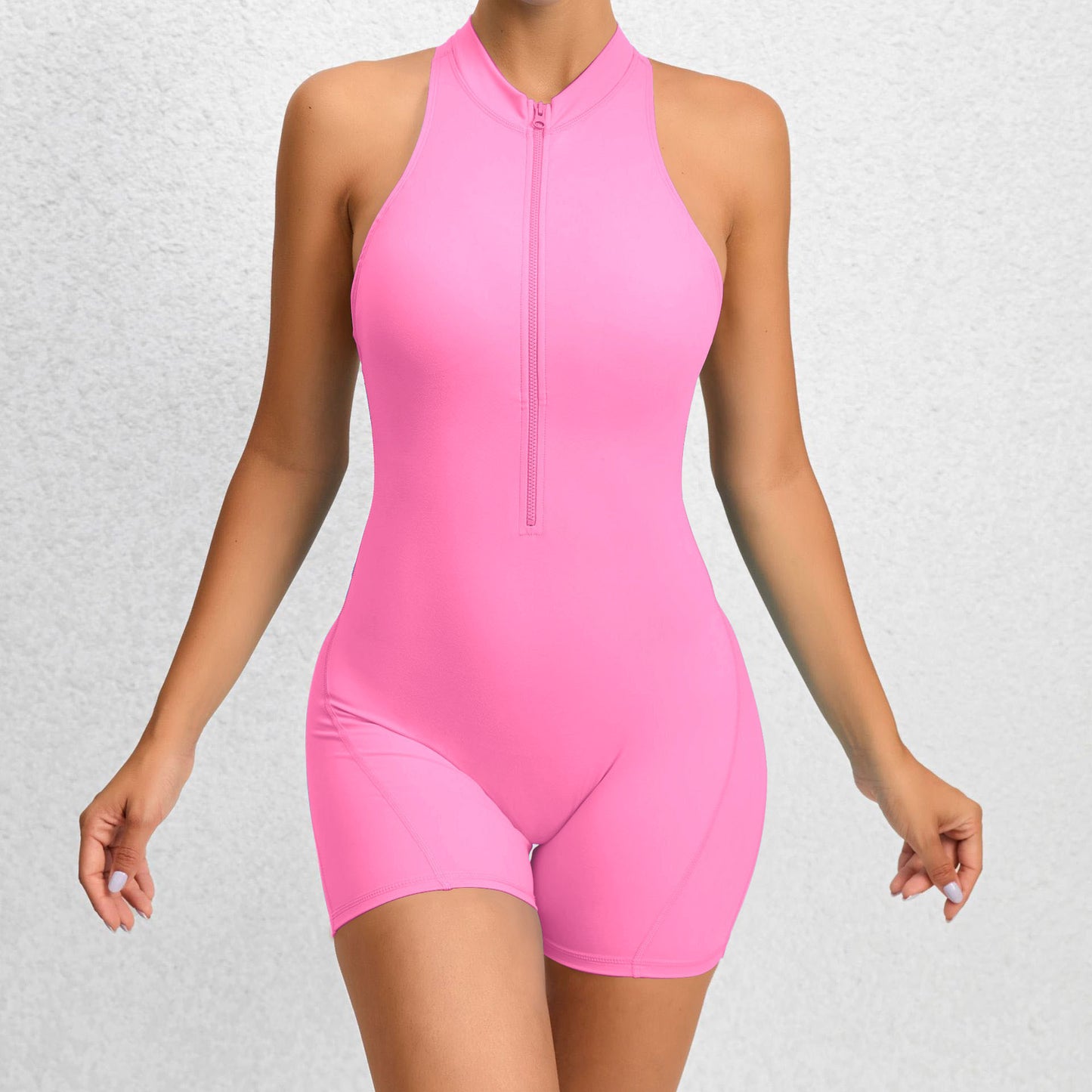 Combinaison short de yoga zippée sans manches pour femme, effet gainant, extensible, effet gainant, pour le sport et le levage des fesses