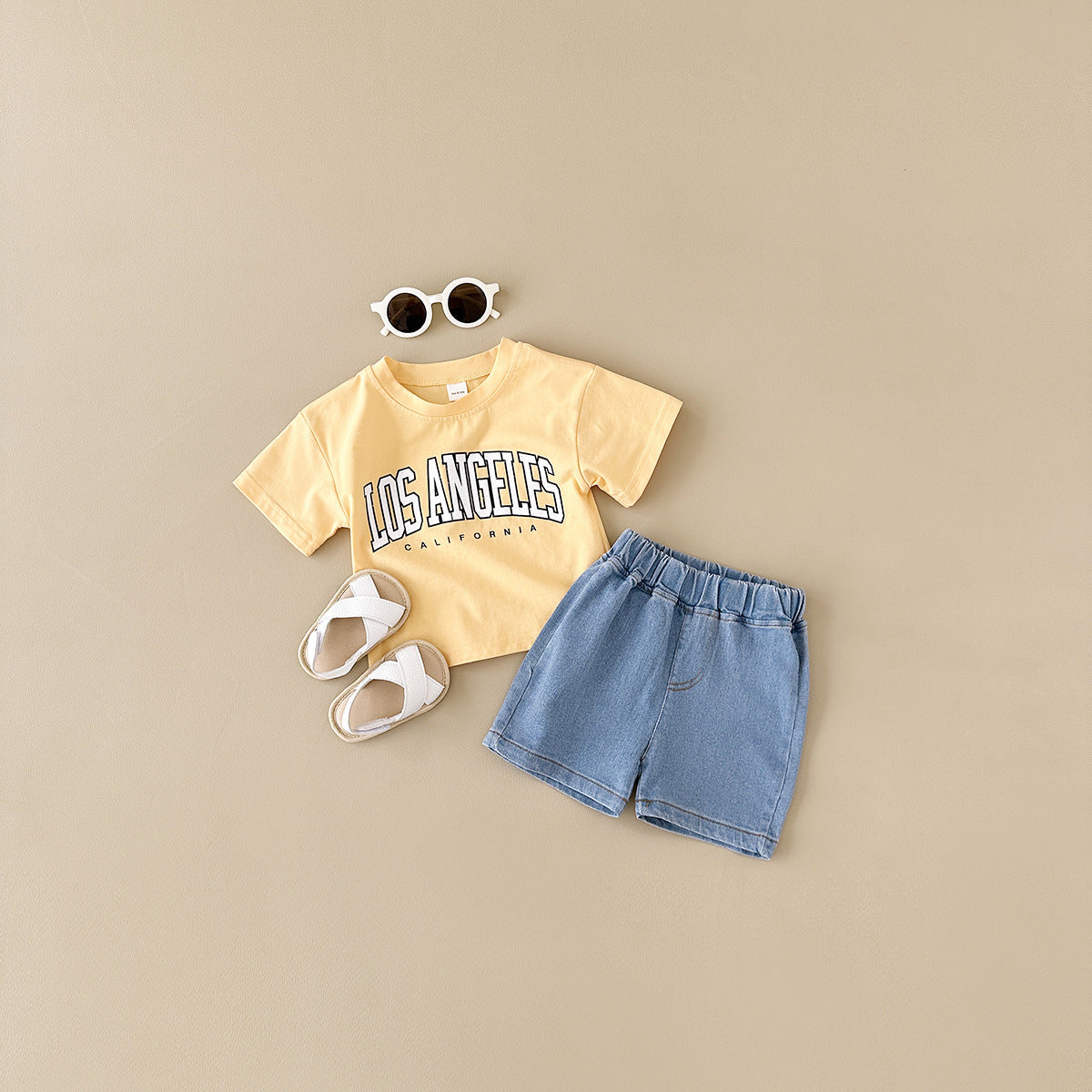 Summer Baby Letter Print Short-sleeve Top Denim Shorts Suit