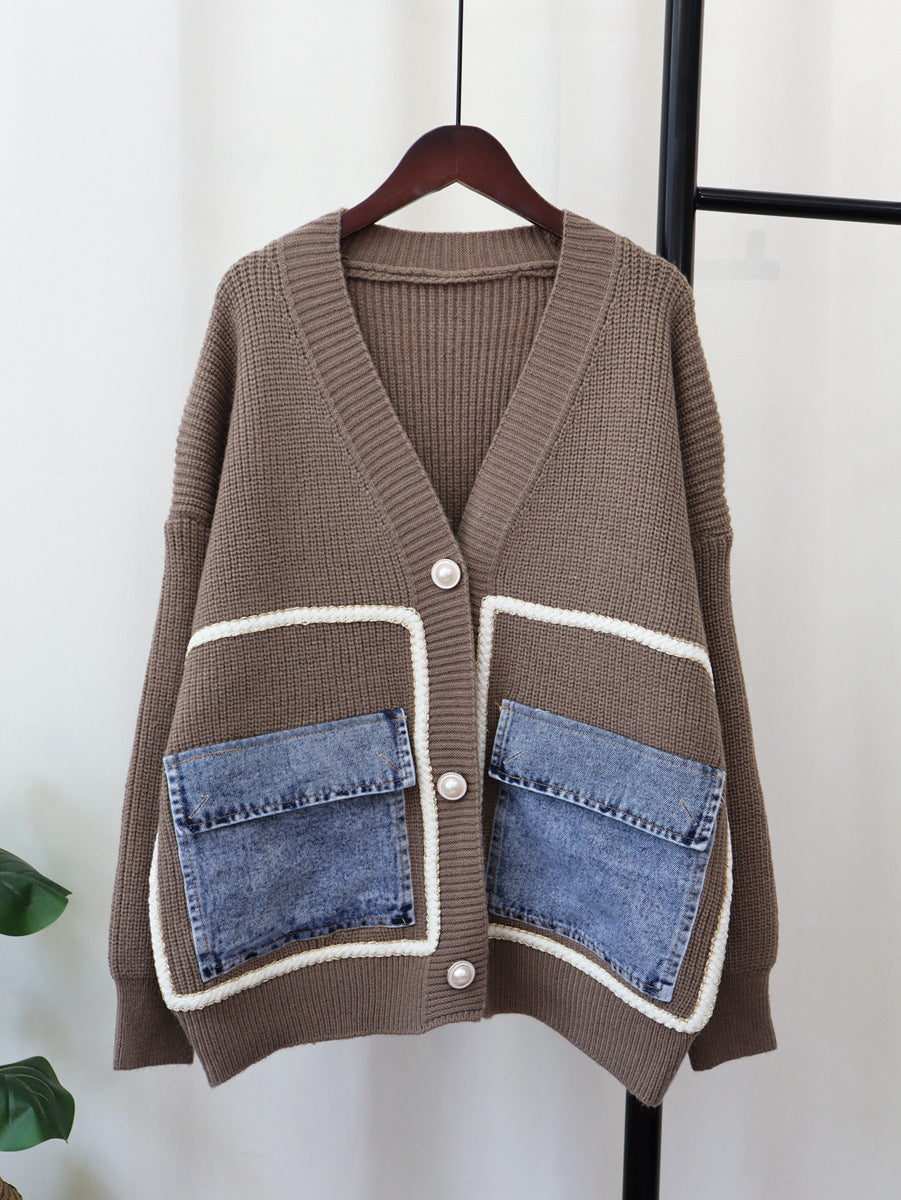 Denim Pocket Knitted Cardigan Loose Design Temperament Versatile Sweater Coat
