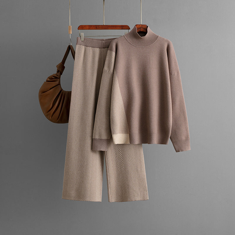 Half Turtleneck Loose Knitted Top Wide Leg Pants Two-piece Set