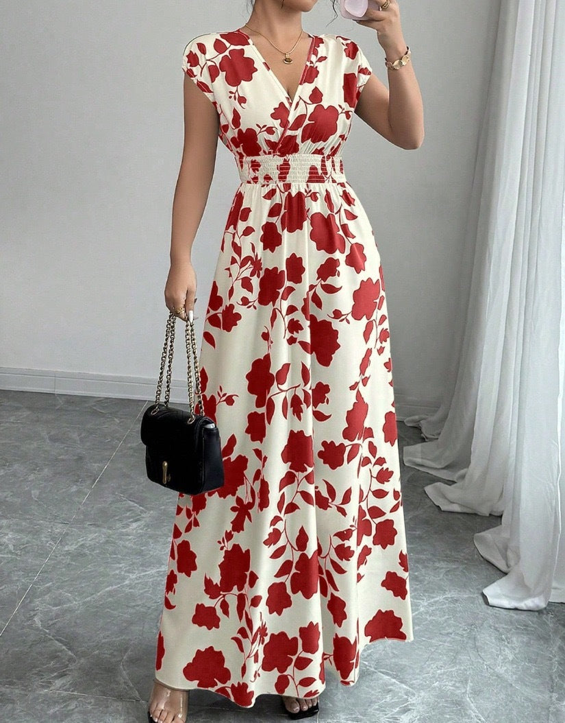 Short Sleeve Lace-up Dress Printed V-neck