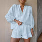 Fashion Cotton And Linen Solid Color Loose V-neck Lantern Sleeve Shorts Two-piece Set