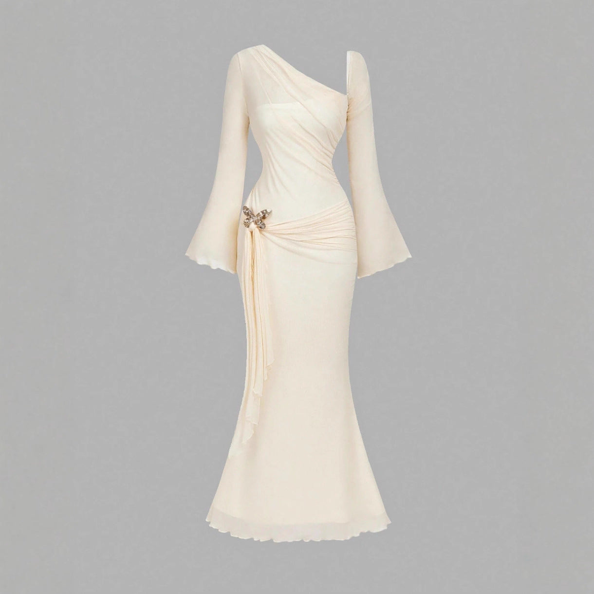 Flared Sleeves With A Butterfly-clasp Design Create A Slimming Ruched Look
