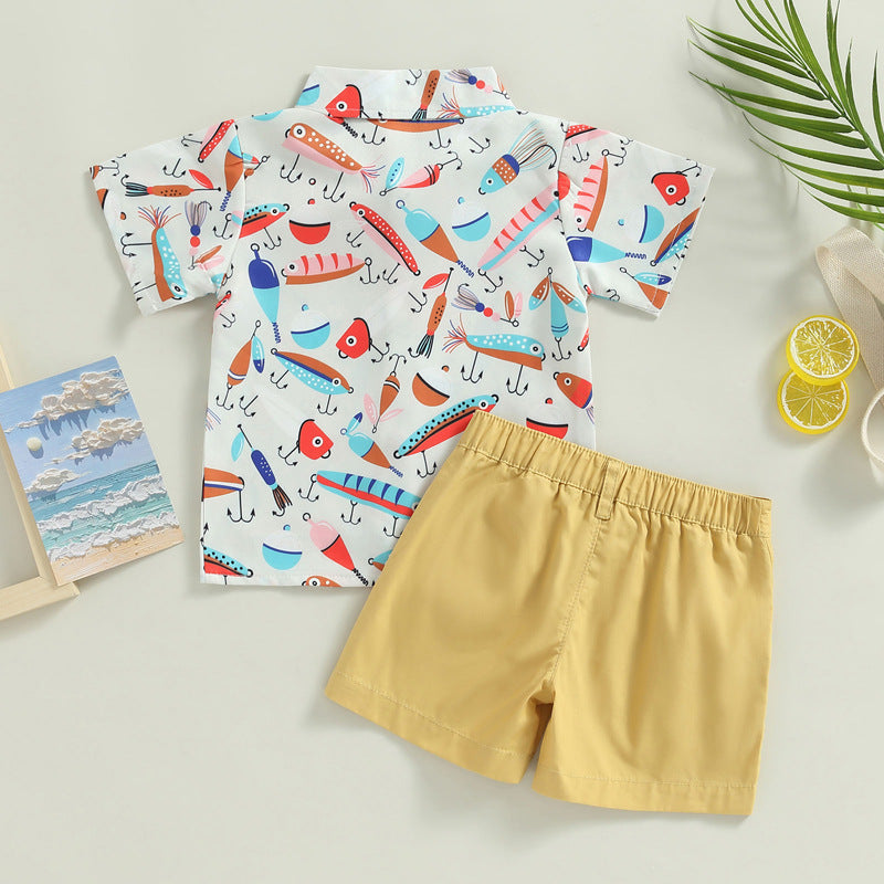Boy Short Sleeve Printed Shirt Solid Color Shorts Casual Two-piece Suit