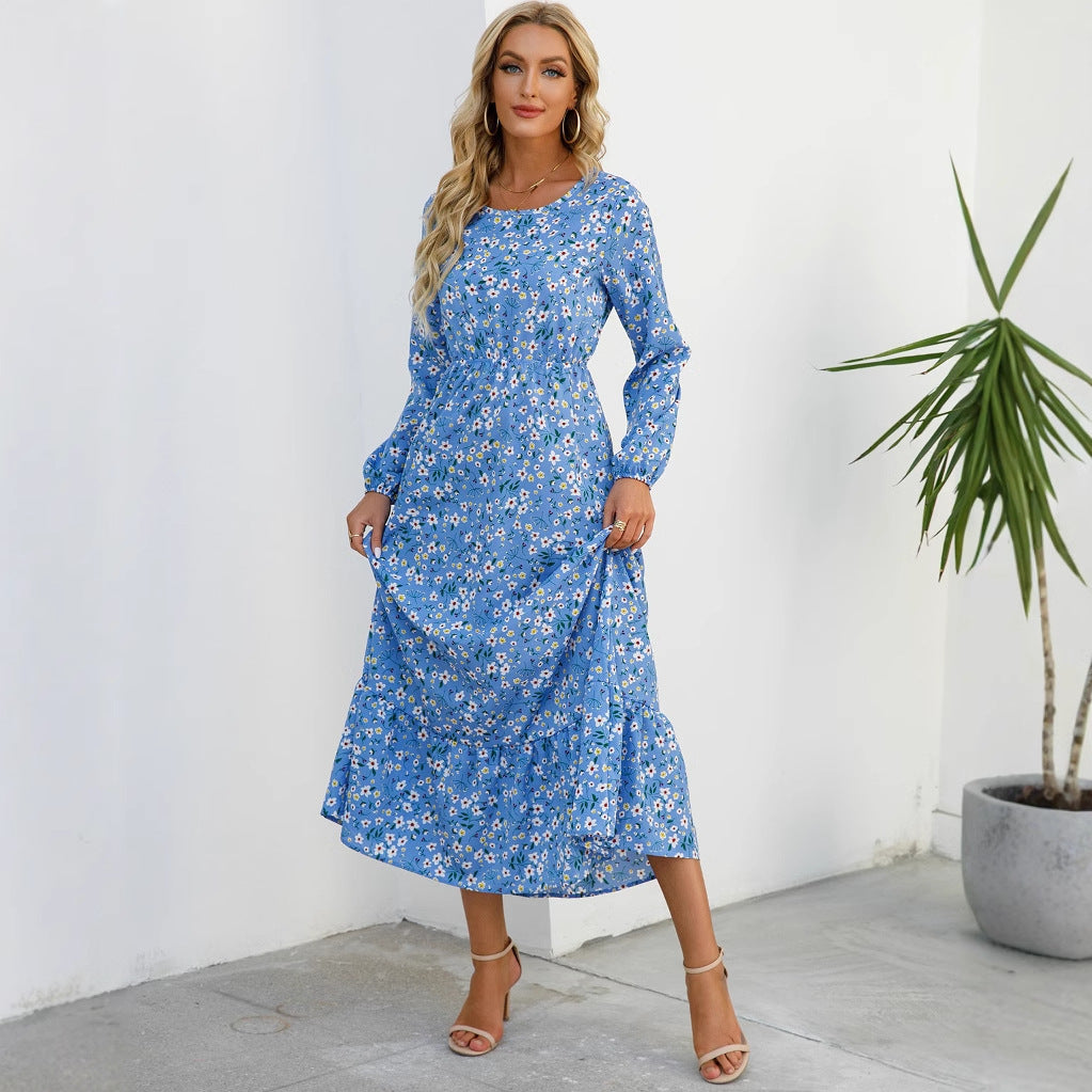 Womens Versatile Round-neck Floral Chiffon Dress